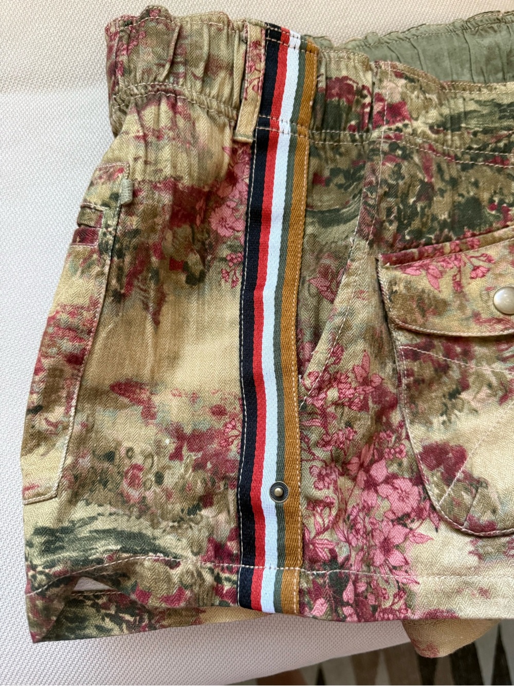 Free People Olive and Pink Floral Cargo Shorts with Side Stripe - Picture 5 of 5